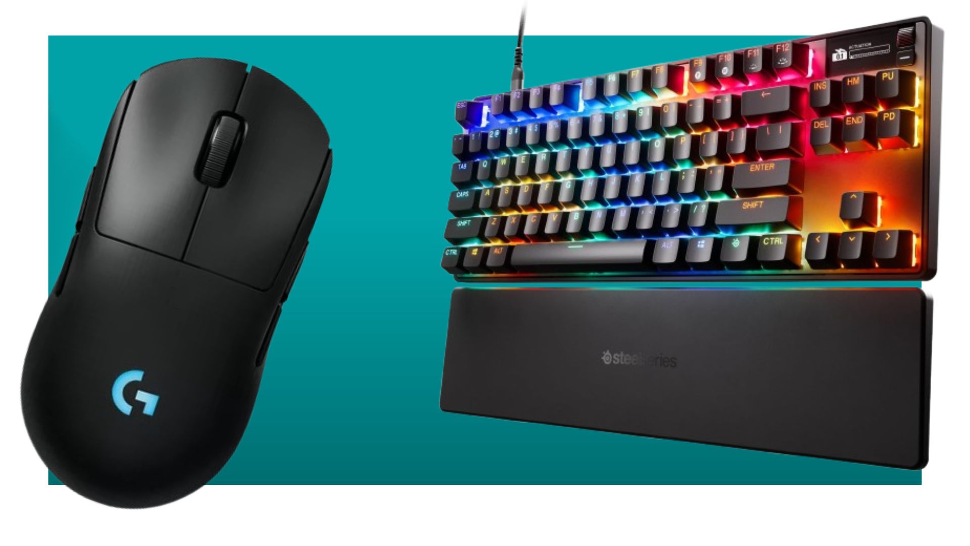 Black gaming mouse and RGB keyboard with wrist rest on teal background.