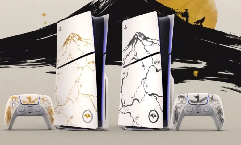Limited edition PlayStation 5 console and controller with elegant gold and ink designs inspired by Japanese art.