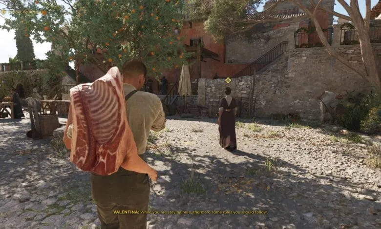 A man carries a large cut of meat in a Mediterranean village. A woman walks away in the background.