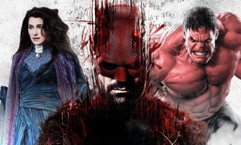 Daredevil, Red Hulk, and a woman in a blue dress stand amidst bloody splatter against a textured white background.