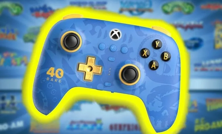 Rare's 40th Anniversary Xbox controller: blue with gold accents, featuring game icons.