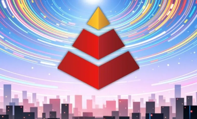 Abstract logo of three layered pyramids, red and gold, over a stylized city skyline with colorful light trails.