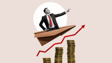 Businessman on paper airplane soaring above stacks of coins, symbolizing financial growth and success.