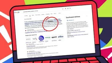 Laptop screen showing a Google search for Southwest Airlines customer service with instructions on correcting a misspelled name.