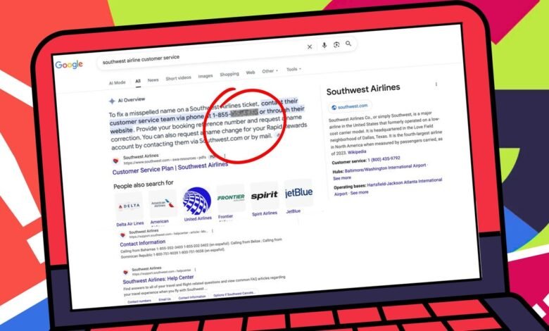 Laptop screen showing a Google search for Southwest Airlines customer service with instructions on correcting a misspelled name.