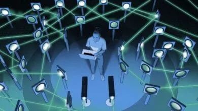 Person with laptop in a circular room, surrounded by devices connected by green laser beams, illustrating a complex network.