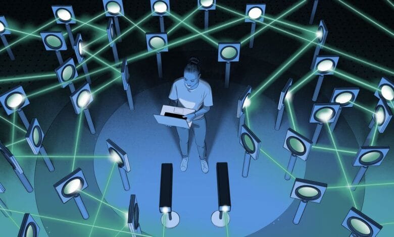 Person with laptop in a circular room, surrounded by devices connected by green laser beams, illustrating a complex network.