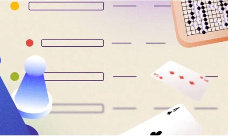 Abstract illustration of various game pieces: chess, Go, and playing cards, overlaid on a list.