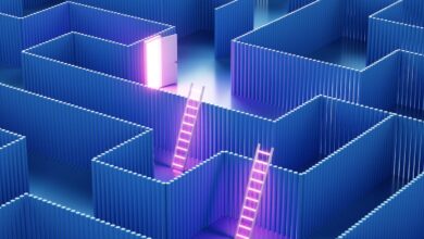 Glowing door and ladders in a blue maze; concept of problem-solving and multiple paths.
