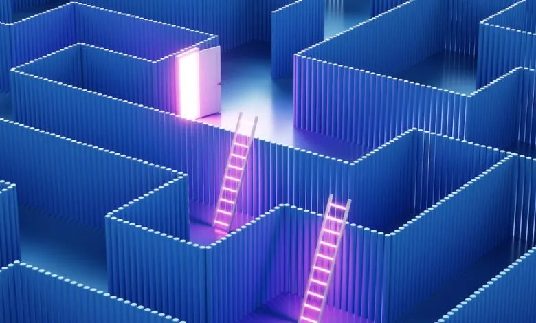 Glowing door and ladders in a blue maze; concept of problem-solving and multiple paths.