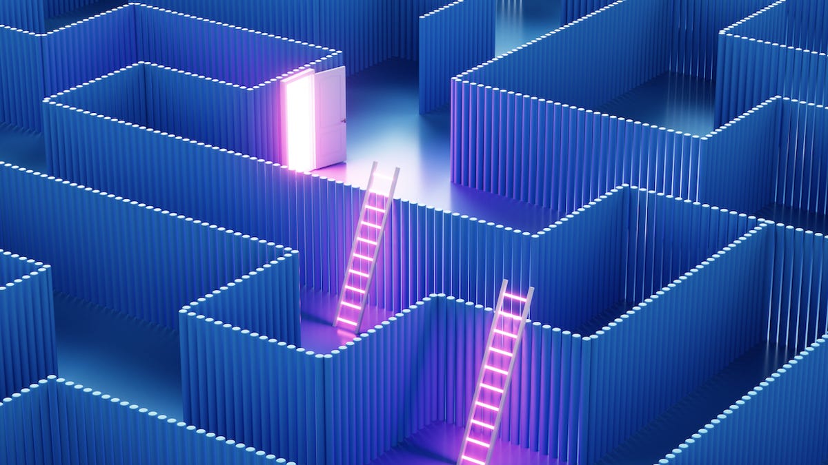 Glowing door and ladders in a blue maze; concept of problem-solving and multiple paths.