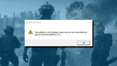 Security violation alert: Secure Boot is disabled, with blurry soldiers in the background.