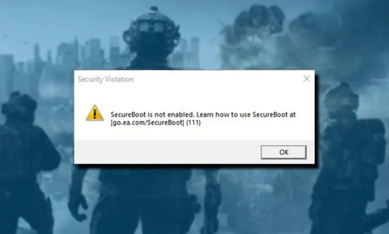 Security violation alert: Secure Boot is disabled, with blurry soldiers in the background.