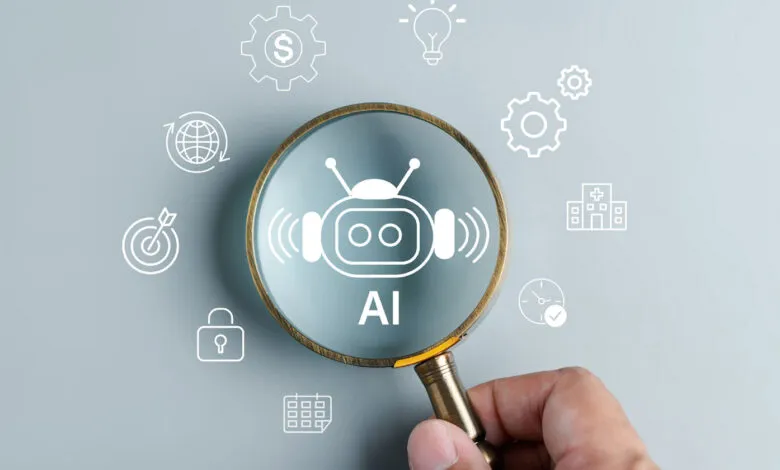AI robot icon magnified, surrounded by business and technology icons. Illustrates AI's impact on various sectors.