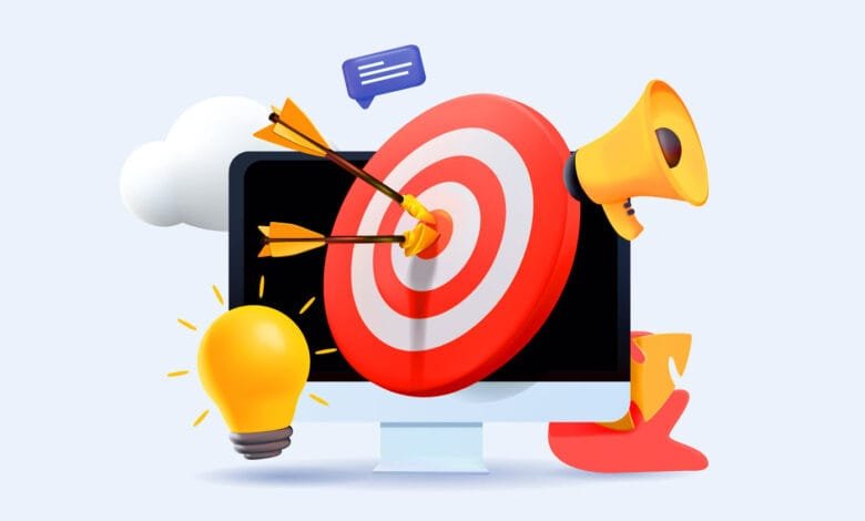 Computer screen with bullseye target, arrows, megaphone, and lightbulb; symbolizes successful digital marketing.