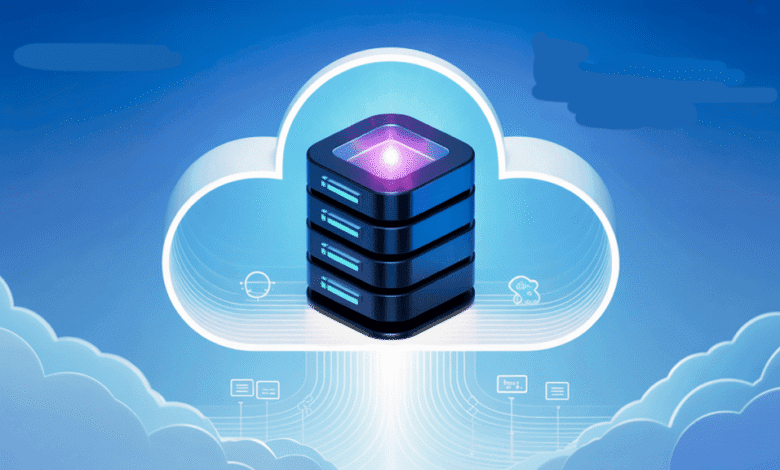 Server rack inside a cloud icon, symbolizing cloud-based database technology. Data streams connect to the server.
