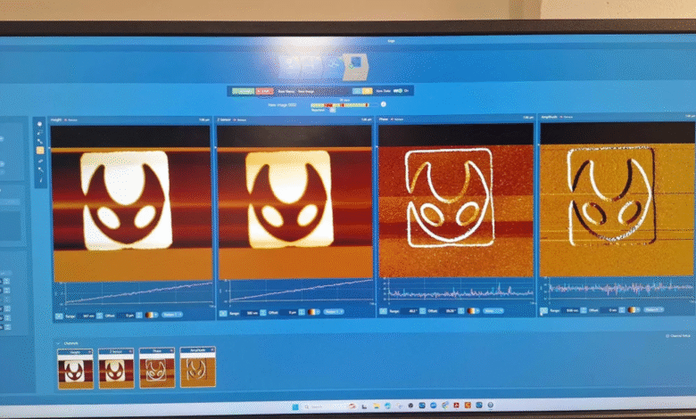 Microscopic images of a stylized crescent moon design, shown in various scans with accompanying graphs.
