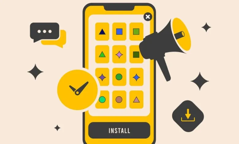 Smartphone app promotion: A yellow phone displays colorful shapes; a megaphone and clock symbolize announcement and timeliness.