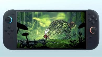 Hollow Knight: Silksong gameplay on Nintendo Switch. The Knight explores a lush forest, interacting with a large, ornate orb.