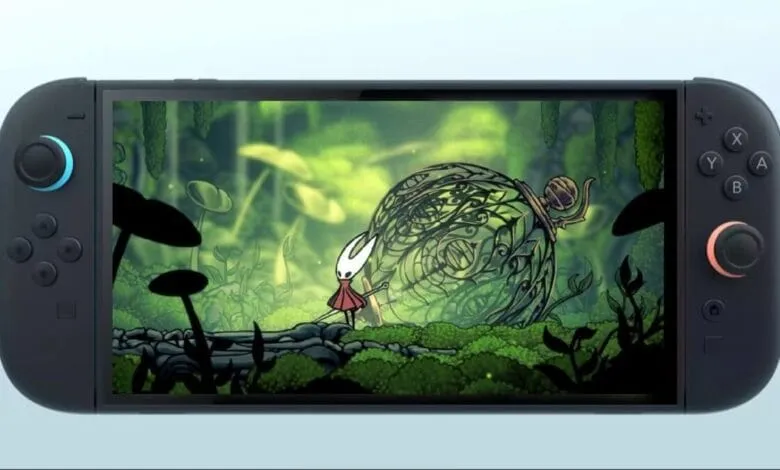 Hollow Knight: Silksong gameplay on Nintendo Switch. The Knight explores a lush forest, interacting with a large, ornate orb.