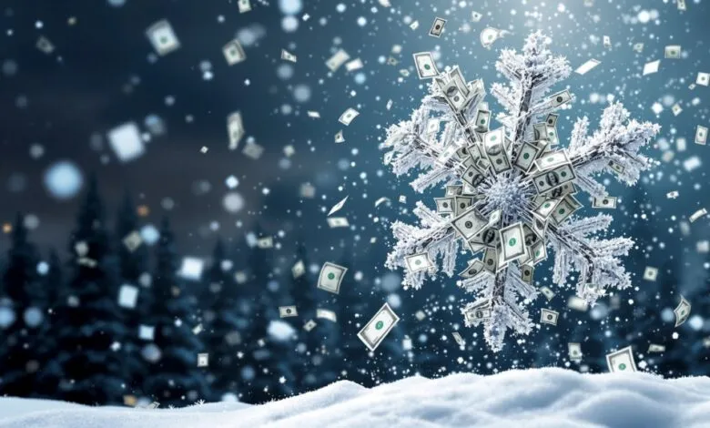 Snowflake made of dollar bills falling in a snowy winter scene.