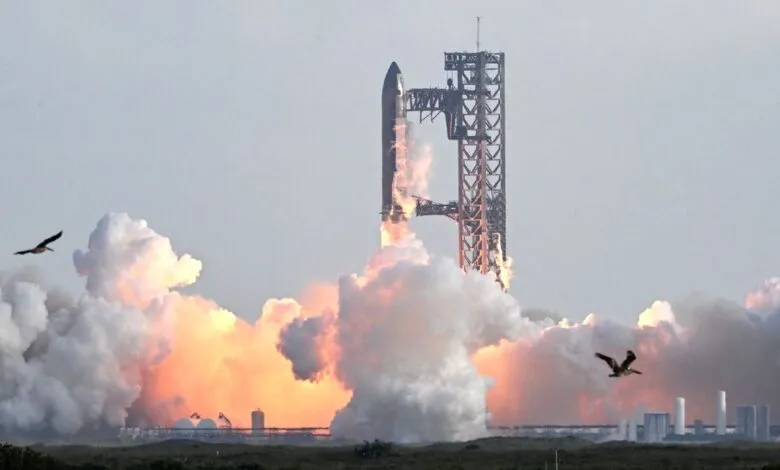 SpaceX rocket launching, surrounded by smoke and clouds, with birds in flight.