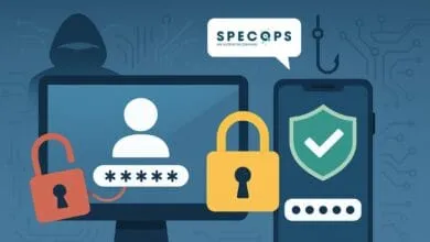 Illustration of cybersecurity threats: a hooded figure near a computer with unlocked password, contrasted with a secured smartphone.