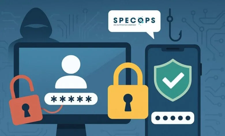 Illustration of cybersecurity threats: a hooded figure near a computer with unlocked password, contrasted with a secured smartphone.