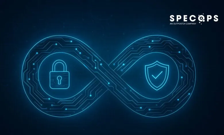 SpecOps Zero Trust security graphic: A glowing blue infinity symbol incorporates a padlock and shield, representing continuous protection.