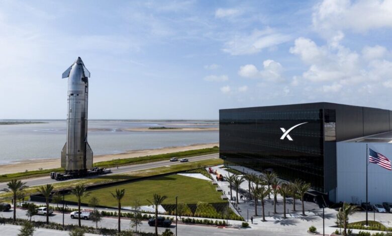 Starship rocket on transporter near SpaceX headquarters in Boca Chica, Texas.