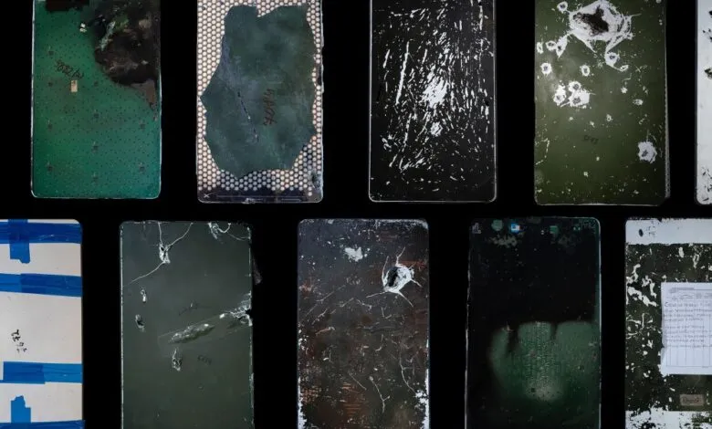Damaged satellite components arranged in a grid against a black background. Shows various levels of damage and markings.