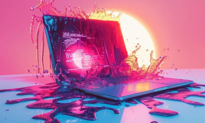 Laptop submerged in vibrant pink and orange liquid, code visible on screen; symbolizes digital vulnerability.