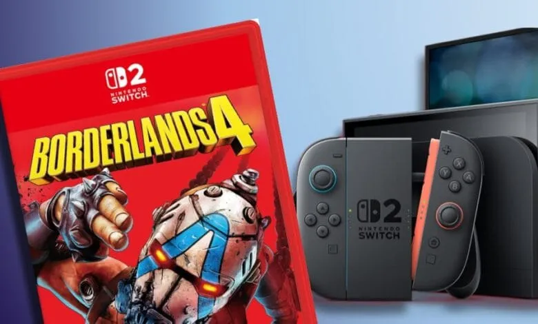 Borderlands 4 Nintendo Switch game case and a Nintendo Switch console with extra controllers.