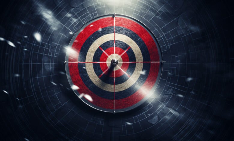 Spinning target with red and blue concentric circles, set against a dark, technological background. Symbolizes accuracy and achievement.