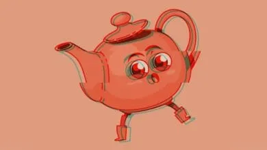 A cartoon teapot with large eyes and legs walks, exhibiting a glitch effect.