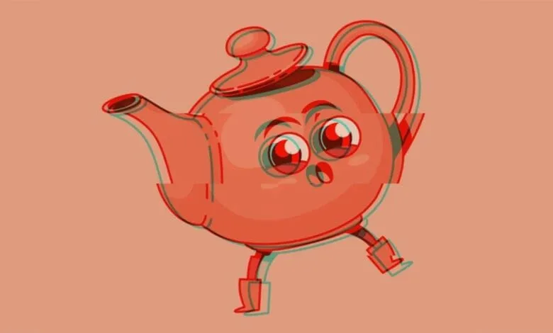A cartoon teapot with large eyes and legs walks, exhibiting a glitch effect.