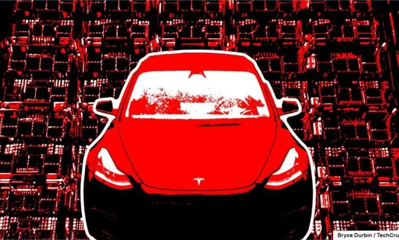 Stylized red Tesla car superimposed on a background of red and black circuit boards.