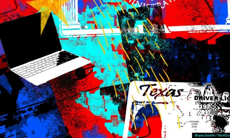 Abstract collage featuring a laptop, Texas driver's license, and bold colors, symbolizing technology and state identity.