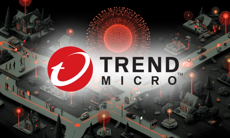 Trend Micro logo with stylized city map showing red network connections, symbolizing cybersecurity protection.