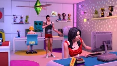 Sims 4 characters in a vibrant room with computers, figurines, and neon accents. A woman works at a computer, while others socialize.