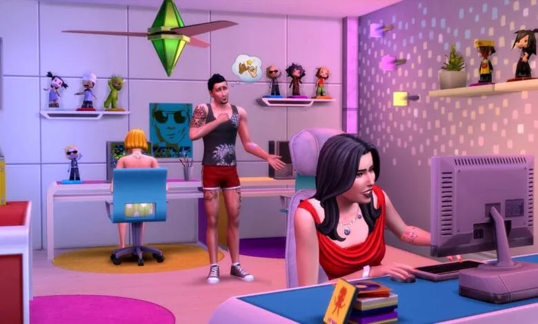Sims 4 characters in a vibrant room with computers, figurines, and neon accents. A woman works at a computer, while others socialize.