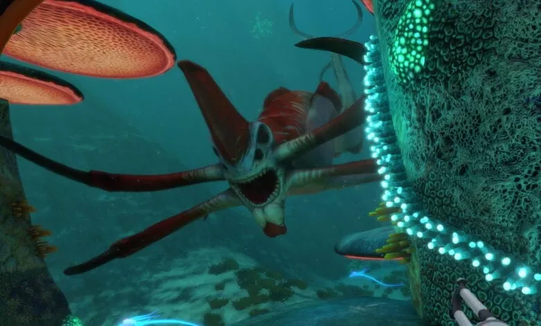 Bioluminescent red sea creature with multiple arms in a deep-sea scene with glowing coral.