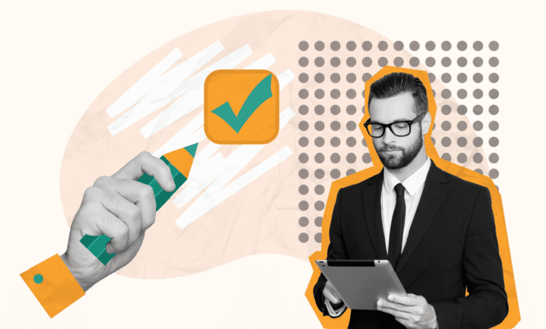 A businessman reviews a tablet, a hand checks a box with a pencil, signifying task completion or verification.