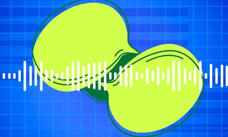 Abstract graphic of two lime green speech bubbles with a sound wave between them, set against a blue grid background.