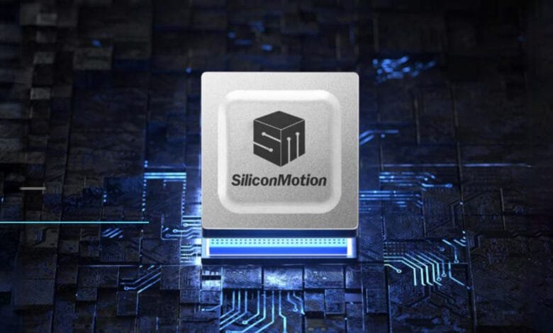 SiliconMotion chip on a circuit board, glowing blue accents.