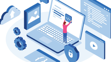Person adding code to a laptop screen surrounded by digital elements like cloud storage, media files, and security shield.