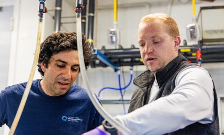 Two scientists collaborate on equipment in a lab, examining tubing and apparatus.
