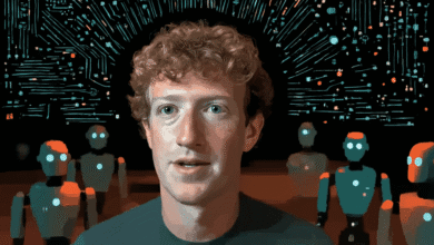 Stylized portrait of Mark Zuckerberg, CEO of Meta, set against a backdrop of circuit board patterns and robotic figures.