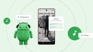 Android mascot wearing headphones, connected to a phone showing a Bluetooth pairing screen and music sharing options.