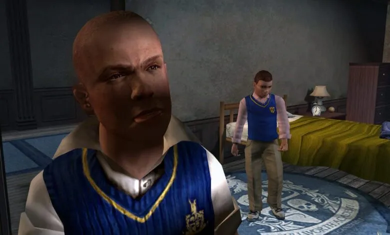 Close-up of a young boy's face with a stern expression, wearing a blue and gold school uniform vest.